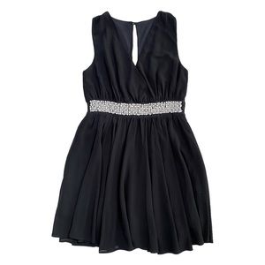 Wrap Style Pearl Rhinestone Waist Sleeveless Chiffon Black Dress Women's Size S